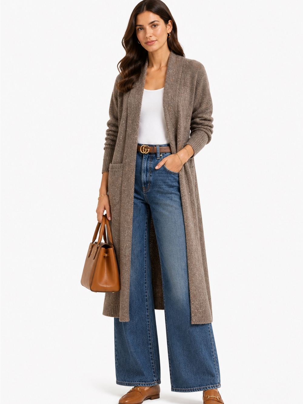 Max Studio Long Open-Front Taupe Cardigan